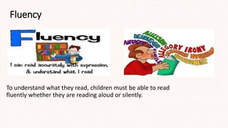 Fluency
To understand what they read, children must be able to read
fluently whether they are reading aloud or silently.
 