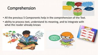 Comprehension
• All the previous 5 Components help in the comprehension of the Text.
• ability to process text, understand its meaning, and to integrate with
what the reader already knows
 