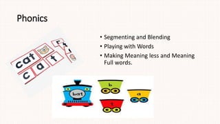 Phonics
• Segmenting and Blending
• Playing with Words
• Making Meaning less and Meaning
Full words.
 