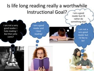 Is life long reading really a worthwhile
               Instructional Goal? I am a good
                                      reader but I’d
                                        rather do
                                     something else!
I am not a very   I am a good
 good reader. I    reader and               I am not a
 hate reading !       I love                very good
 But then who       reading!                reader but
    cares?                                   I’d like to
                                                 be!
 