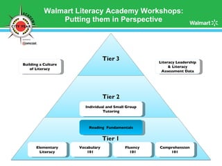 Walmart Literacy Academy Workshops:  Putting them in Perspective   Building a Culture of Literacy Literacy Leadership & Literacy Assessment Data Elementary Literacy Individual and Small Group Tutoring Reading  Fundamentals Comprehension 101 Fluency 101 Vocabulary 101 