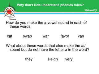 Why don’t kids understand phonics rules? How do you make the  a  vowel sound in each of these words: c a t  sw a p  w a r  f a vor  v a n  What about these words that also make the /a/ sound but do not have the letter a in the word? they    sleigh  very 