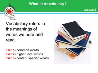 What is Vocabulary? Vocabulary refers to  the meanings of  words we hear and  read. Tier 1-  common words Tier 2-  higher level words Tier 3-  content specific words 