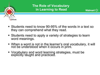 The Role of Vocabulary  in Learning to Read Students need to know 90-95% of the words in a text so they can comprehend what they read. Students need to apply a variety of strategies to learn word meanings. When a word is not in the learner’s oral vocabulary, it will not be understood when it occurs in print. Vocabulary and word learning strategies, must be explicitly taught and practiced. 