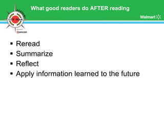What good readers do AFTER reading Reread Summarize Reflect Apply information learned to the future 