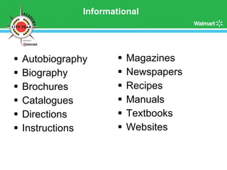 Informational Autobiography Biography Brochures Catalogues Directions  Instructions Magazines Newspapers Recipes Manuals Textbooks Websites 