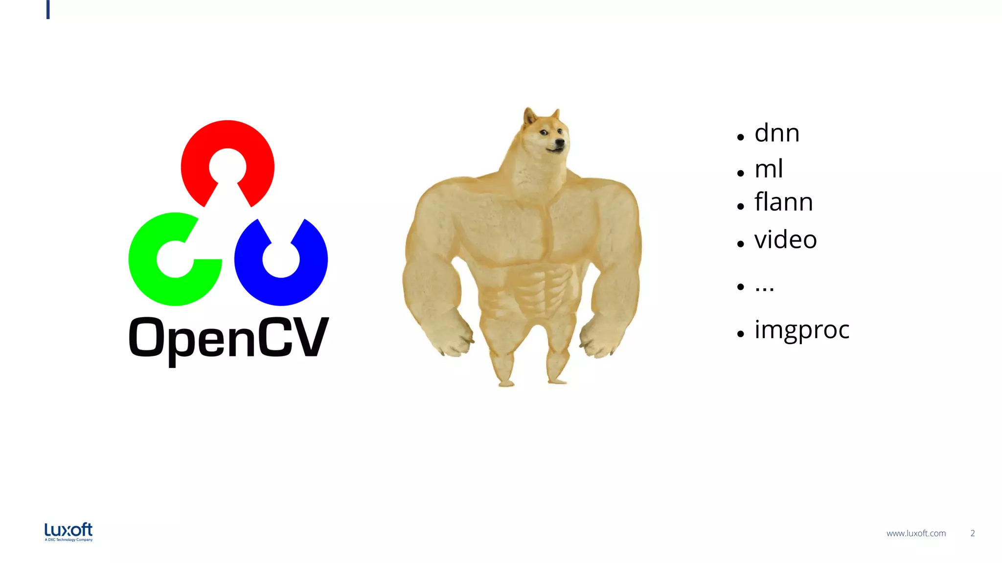 2
www.luxoft.com
⚫ dnn
⚫ ml
⚫ flann
⚫ video
⚫ ...
⚫ imgproc
 