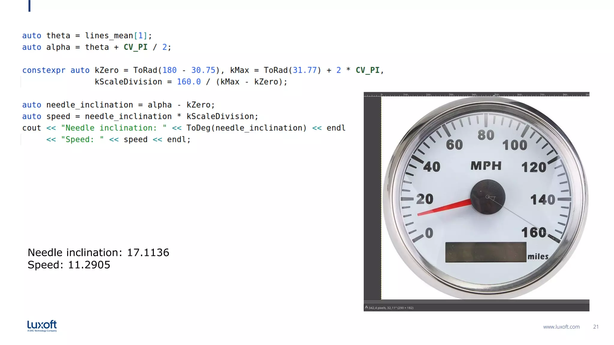 21
www.luxoft.com
Needle inclination: 17.1136
Speed: 11.2905
 