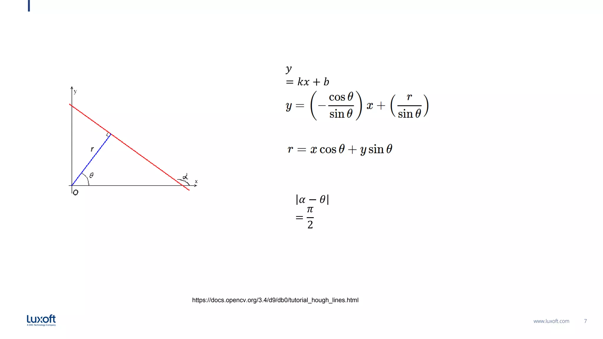 7
www.luxoft.com
https://docs.opencv.org/3.4/d9/db0/tutorial_hough_lines.html
𝑦
= 𝑘𝑥 + 𝑏
𝛼 − 𝜃
=
𝜋
2
 