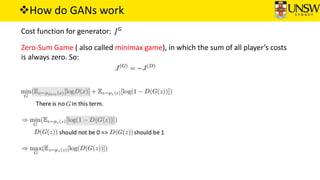 How do GANs work
Cost function for generator: 𝐽 𝐺
Zero-Sum Game ( also called minimax game), in which the sum of all player’s costs
is always zero. So:
 