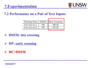 6/03/2017
7.Experimentation
7.2 Performance on a Pair of Text Inputs
 DSSM: late crossing
 DP: early crossing
 DC>DSSM
 