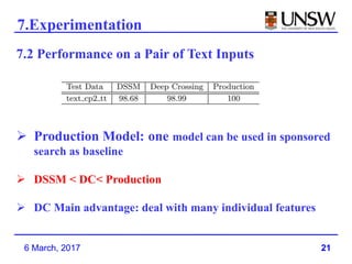 21
7.Experimentation
6 March, 2017
7.2 Performance on a Pair of Text Inputs
 Production Model: one model can be used in sponsored
search as baseline
 DSSM < DC< Production
 DC Main advantage: deal with many individual features
 