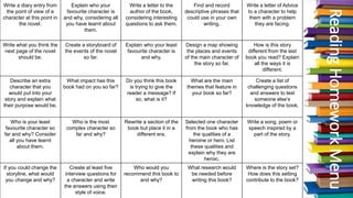 Reading
Homework
Menu
Write a diary entry from
the point of view of a
character at this point in
the novel.
Explain who your
favourite character is
and why, considering all
you have learnt about
them.
Write a letter to the
author of the book,
considering interesting
questions to ask them.
Find and record
descriptive phrases that
could use in your own
writing.
Write a letter of Advice
to a character to help
them with a problem
they are facing.
Write what you think the
next page of the novel
should be.
Create a storyboard of
the events of the novel
so far.
Explain who your least
favourite character is
and why.
Design a map showing
the places and events
of the main character of
the story so far.
How is this story
different from the last
book you read? Explain
all the ways it is
different.
Describe an extra
character that you
would put into your
story and explain what
their purpose would be.
What impact has this
book had on you so far?
Do you think this book
is trying to give the
reader a message? If
so, what is it?
What are the main
themes that feature in
your book so far?
Create a list of
challenging questions
and answers to test
someone else’s
knowledge of the book.
Who is your least
favourite character so
far and why? Consider
all you have learnt
about them.
Who is the most
complex character so
far and why?
Rewrite a section of the
book but place it in a
different era.
Selected one character
from the book who has
the qualities of a
heroine or hero. List
these qualities and
explain why they are
heroic.
Write a song, poem or
speech inspired by a
part of the story.
If you could change the
storyline, what would
you change and why?
Create at least five
interview questions for
a character and write
the answers using their
style of voice.
Who would you
recommend this book to
and why?
What research would
be needed before
writing this book?
Where is the story set?
How does this setting
contribute to the book?
 