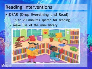 Reading Interventions
• DEAR (Drop Everything and Read)
- 15 to 20 minutes spared for reading
- make use of the mini library

 