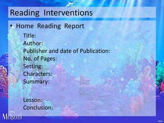 Reading Interventions
• Home Reading Report
Title:
Author:
Publisher and date of Publication:
No. of Pages:
Setting:
Characters:
Summary:

Lesson:
Conclusion:

 