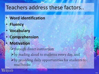 Teachers address these factors..
•
•
•
•
•

Word identification
Fluency
Vocabulary
Comprehension
Motivation




 