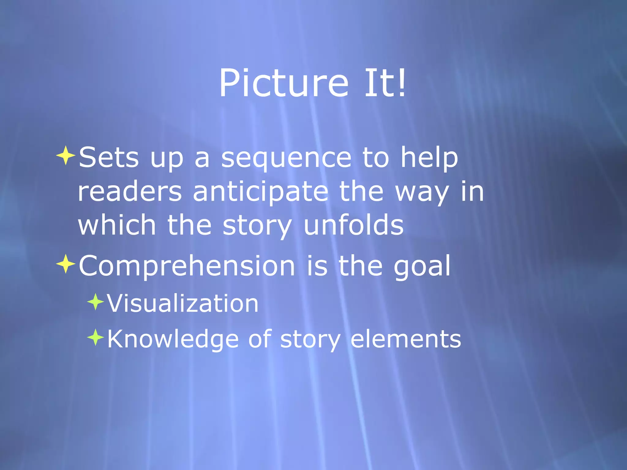 Picture It! Sets up a sequence to help readers anticipate the way in which the story unfolds Comprehension is the goal Visualization Knowledge of story elements 