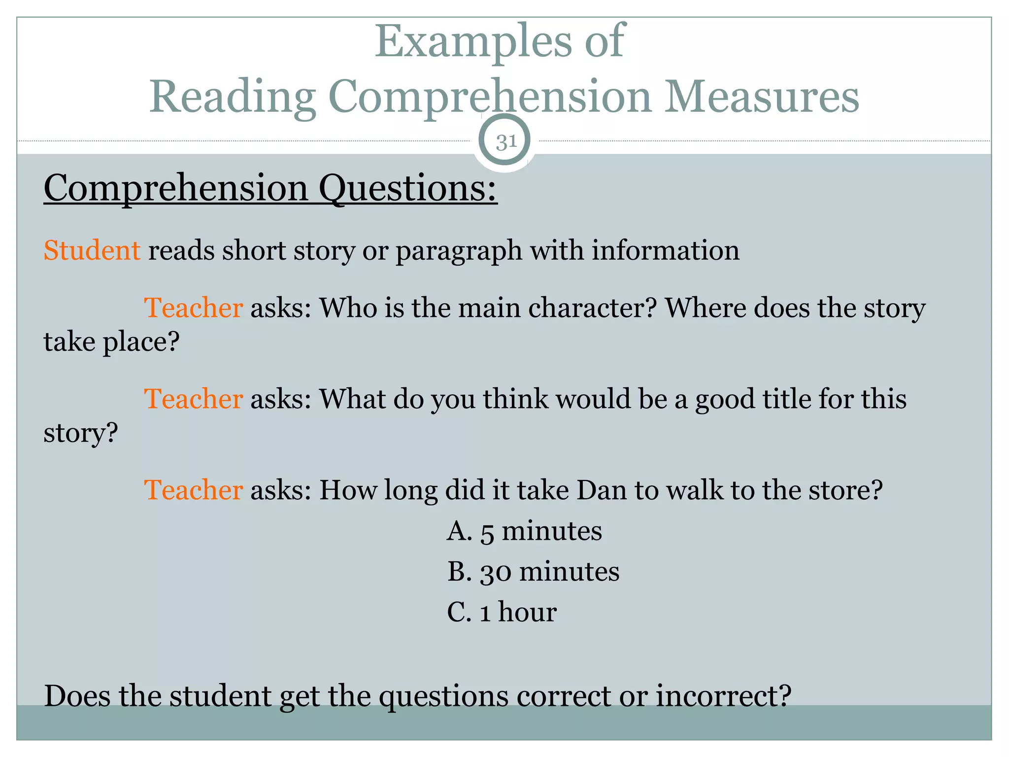 Examples of 
Reading Comprehension Measures 
31 
Comprehension Questions: 
Student reads short story or paragraph with information 
Teacher asks: Who is the main character? Where does the story 
take place? 
Teacher asks: What do you think would be a good title for this 
story? 
Teacher asks: How long did it take Dan to walk to the store? 
A. 5 minutes 
B. 30 minutes 
C. 1 hour 
Does the student get the questions correct or incorrect? 
 