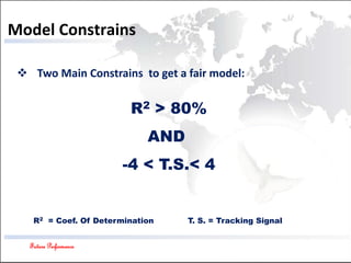 Future Performance
Model Constrains
 Two Main Constrains to get a fair model:
R2 = Coef. Of Determination T. S. = Tracking Signal
R2 > 80%
AND
-4 < T.S.< 4
 