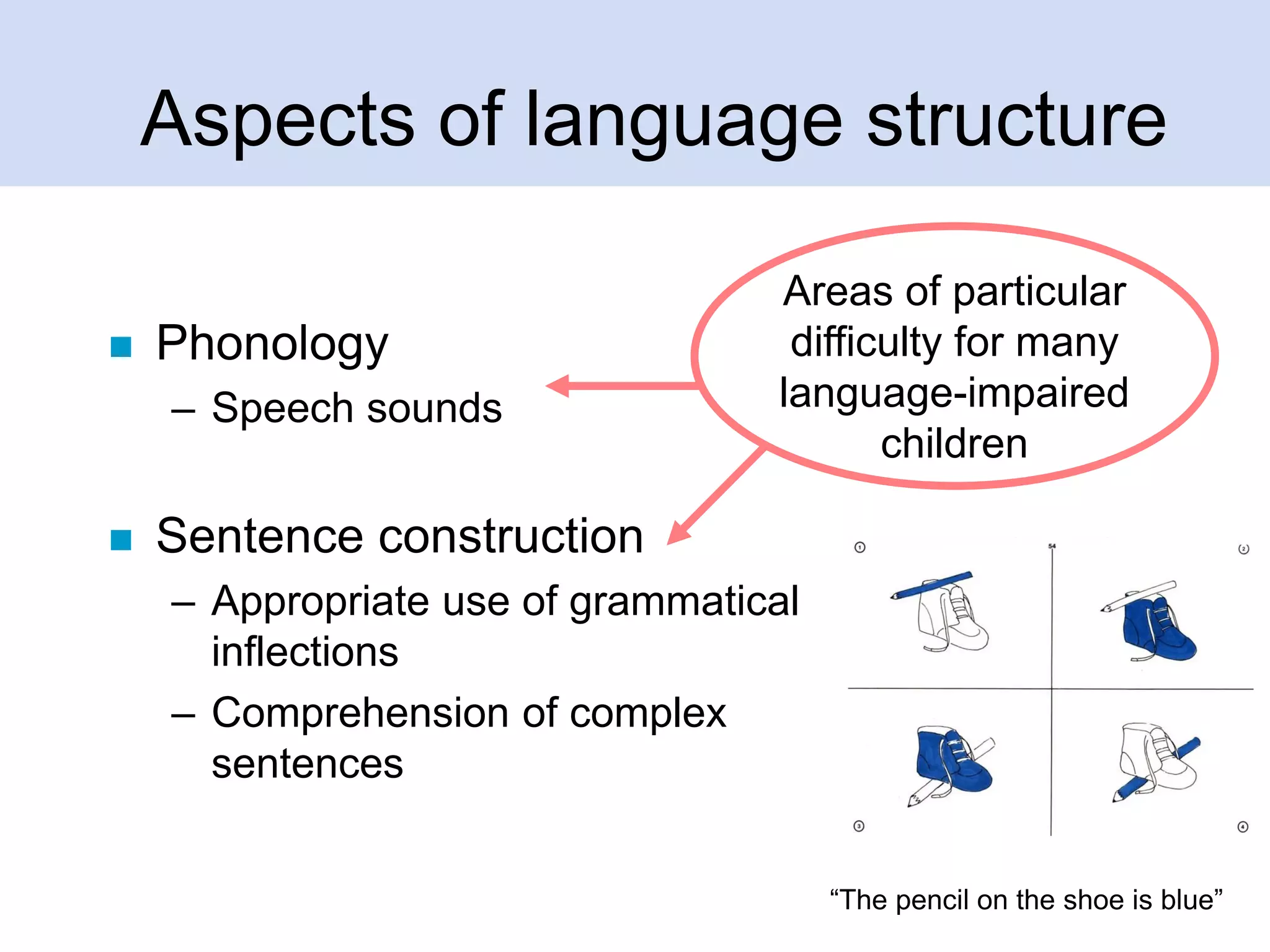 Aspects of language structure


Phonology
– Speech sounds



Areas of particular
difficulty for many
language-impaired
children

Sentence construction
– Appropriate use of grammatical
inflections
– Comprehension of complex
sentences
“The pencil on the shoe is blue”

 