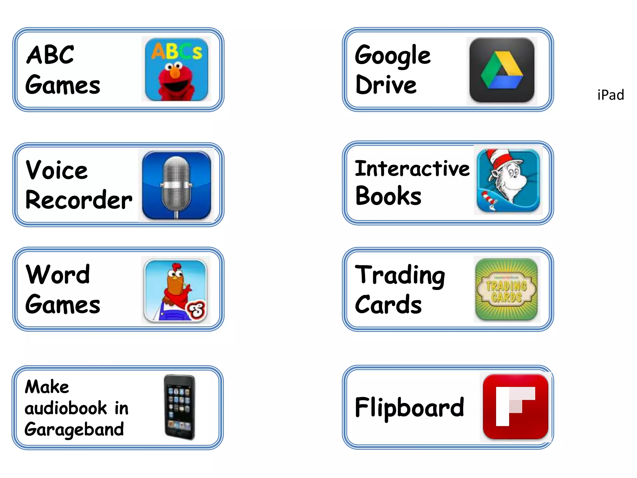 Word
Games
Voice
Recorder
Google
Drive
Interactive
Books
ABC
Games iPad
Trading
Cards
Make
audiobook in
Garageband
Flipboard
 