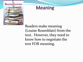 10
Readers make meaning
(Louise Rosenblatt) from the
text. However, they need to
know how to negotiate the
text FOR meaning.
 