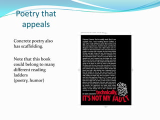 Concrete poetry also
has scaffolding.
Note that this book
could belong to many
different reading
ladders
(poetry, humor)
Poetry that
appeals
 