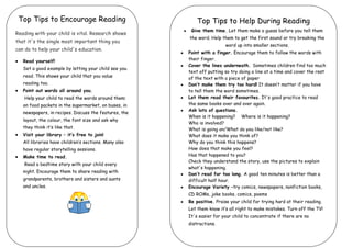 Top Tips to Encourage Reading                             Top Tips to Help During Reading
                                                        Give them time. Let them make a guess before you tell them
Reading with your child is vital. Research shows
                                                       the word. Help them to get the first sound or try breaking the
that it's the single most important thing you
                                                                        word up into smaller sections.
can do to help your child's education.
                                                       Point with a finger. Encourage them to follow the words with
   Read yourself!                                      their finger.
                                                       Cover the lines underneath. Sometimes children find too much
   Set a good example by letting your child see you
                                                       text off putting so try doing a line at a time and cover the rest
   read. This shows your child that you value          of the text with a piece of paper
   reading too.                                        Don’t make them try too hard! It doesn’t matter if you have
   Point out words all around you.                     to tell them the word sometimes.
   Help your child to read the words around them:      Let them read their favourites. It's good practice to read
   on food packets in the supermarket, on buses, in    the same books over and over again.
                                                       Ask lots of questions.
   newspapers, in recipes. Discuss the features, the
                                                       When is it happening? Where is it happening?
   layout, the colour, the font size and ask why
                                                       Who is involved?
   they think it’s like that.                          What is going on/What do you like/not like?
   Visit your library – it’s free to join!             What does it make you think of?
   All libraries have children’s sections. Many also   Why do you think this happens?
   have regular storytelling sessions.                 How does that make you feel?
   Make time to read.                                  Has that happened to you?
                                                       Check they understand the story, use the pictures to explain
   Read a bedtime story with your child every
                                                       what's happening.
   night. Encourage them to share reading with
                                                       Don’t read for too long. A good ten minutes is better than a
   grandparents, brothers and sisters and aunts        difficult half hour.
   and uncles.                                         Encourage Variety –try comics, newspapers, nonfiction books,
                                                       CD ROMs, joke books, comics, poems
                                                       Be positive. Praise your child for trying hard at their reading.
                                                       Let them know it’s all right to make mistakes. Turn off the TV!
                                                       It's easier for your child to concentrate if there are no
                                                       distractions.
 