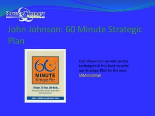John Johnson: 60 Minute Strategic PlanEach November we will use the techniques in this book to write our Strategic Plan for the year.60MinutePlan