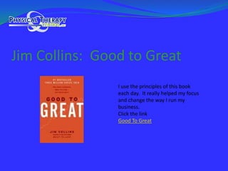 Jim Collins:  Good to GreatI use the principles of this book each day.  It really helped my focus and change the way I run my business.Click the linkGood To Great
