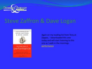 Steve Zaffron & Dave LoganAgain on my reading list from Tony at Zappos.  I downloaded this one today and will start listening to this one as I walk in the mornings.performance