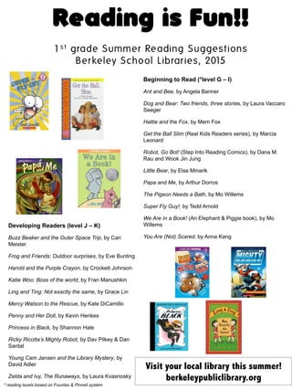 Reading is Fun!!
1s t grade Summer Reading Suggestions
Berkeley School Libraries, 2015
	
  
Beginning to Read (*level G – I)
Ant and Bee, by Angela Banner
Dog and Bear: Two friends, three stories, by Laura Vaccaro
Seeger
Hattie and the Fox, by Mem Fox
Get the Ball Slim (Real Kids Readers series), by Marcia
Leonard
Robot, Go Bot! (Step Into Reading Comics), by Dana M.
Rau and Wook Jin Jung
Little Bear, by Else Minarik
Papa and Me, by Arthur Dorros
The Pigeon Needs a Bath, by Mo Willems
Super Fly Guy!, by Tedd Arnold
We Are In a Book! (An Elephant & Piggie book), by Mo
Willems
You Are (Not) Scared, by Anna Kang
Developing Readers (level J – K)
Buzz Beaker and the Outer Space Trip, by Cari
Meister
Frog and Friends: Outdoor surprises, by Eve Bunting
Harold and the Purple Crayon, by Crockett Johnson
Katie Woo: Boss of the world, by Fran Manushkin
Ling and Ting: Not exactly the same, by Grace Lin
Mercy Watson to the Rescue, by Kate DiCamillo
Penny and Her Doll, by Kevin Henkes
Princess in Black, by Shannon Hale
Ricky Ricotta’s Mighty Robot, by Dav Pilkey & Dan
Santat
Young Cam Jansen and the Library Mystery, by
David Adler
Zelda and Ivy, The Runaways, by Laura Kvasnosky
Visit your local library this summer!
berkeleypubliclibrary.org
* reading levels based on Fountas & Pinnell system
 