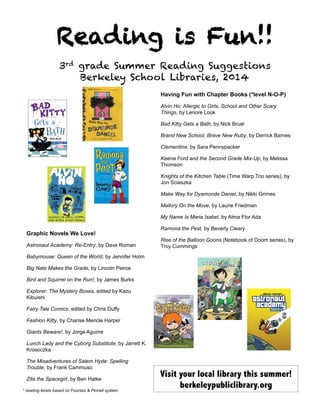 Reading is Fun!!
3rd grade Summer Reading Suggestions
Berkeley School Libraries, 2014
	
  
Graphic Novels We Love!
Astronaut Academy: Re-Entry, by Dave Roman
Babymouse: Queen of the World, by Jennifer Holm
Big Nate Makes the Grade, by Lincoln Peirce
Bird and Squirrel on the Run!, by James Burks
Explorer: The Mystery Boxes, edited by Kazu
Kibuishi
Fairy Tale Comics, edited by Chris Duffy
Fashion Kitty, by Charise Mericle Harper
Giants Beware!, by Jorge Aguirre
Lunch Lady and the Cyborg Substitute, by Jarrett K.
Krosoczka
The Misadventures of Salem Hyde: Spelling
Trouble, by Frank Cammuso
Zita the Spacegirl, by Ben Hatke
Having Fun with Chapter Books (*level N-O-P)
Alvin Ho: Allergic to Girls, School and Other Scary
Things, by Lenore Look
Bad Kitty Gets a Bath, by Nick Bruel
Brand New School, Brave New Ruby, by Derrick Barnes
Clementine, by Sara Pennypacker
Keena Ford and the Second Grade Mix-Up, by Melissa
Thomson
Knights of the Kitchen Table (Time Warp Trio series), by
Jon Scieszka
Make Way for Dyamonde Daniel, by Nikki Grimes
Mallory On the Move, by Laurie Friedman
My Name Is Maria Isabel, by Alma Flor Ada
Ramona the Pest, by Beverly Cleary
Rise of the Balloon Goons (Notebook of Doom series), by
Troy Cummings
Visit your local library this summer!
berkeleypubliclibrary.org* reading levels based on Fountas & Pinnell system
 