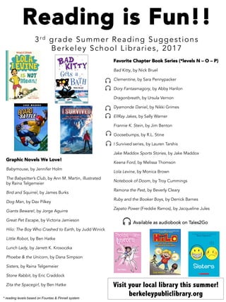 Reading is Fun!!
3rd grade Summer Reading Suggestions
Berkeley School Libraries, 2017
Graphic Novels We Love!
Babymouse, by Jennifer Holm
The Babysitter’s Club, by Ann M. Martin, illustrated
by Raina Telgemeier
Bird and Squirrel, by James Burks
Dog Man, by Dav Pilkey
Giants Beware!, by Jorge Aguirre
Great Pet Escape, by Victoria Jamieson
Hilo: The Boy Who Crashed to Earth, by Judd Winick
Little Robot, by Ben Hatke
Lunch Lady, by Jarrett K. Krosoczka
Phoebe & the Unicorn, by Dana Simpson
Sisters, by Raina Telgemeier
Stone Rabbit, by Eric Craddock
Zita the Spacegirl, by Ben Hatke
Favorite Chapter Book Series (*levels N – O – P)
Bad Kitty, by Nick Bruel
Clementine, by Sara Pennypacker
Dory Fantasmagory, by Abby Hanlon
Dragonbreath, by Ursula Vernon
Dyamonde Daniel, by Nikki Grimes
EllRay Jakes, by Sally Warner
Frannie K. Stein, by Jim Benton
Goosebumps, by R.L. Stine
I Survived series, by Lauren Tarshis
Jake Maddox Sports Stories, by Jake Maddox
Keena Ford, by Melissa Thomson
Lola Levine, by Monica Brown
Notebook of Doom, by Troy Cummings
Ramona the Pest, by Beverly Cleary
Ruby and the Booker Boys, by Derrick Barnes
Zapato Power (Freddie Ramos), by Jacqueline Jules
Visit your local library this summer!
berkeleypubliclibrary.org* reading levels based on Fountas & Pinnell system
Available as audiobook on Tales2Go
 
