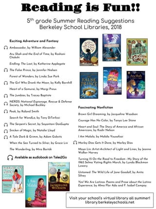 Reading is Fun!!
5th
grade Summer Reading Suggestions
Berkeley School Libraries, 2018
Exciting Adventure and Fantasy
Ambassador, by William Alexander
Aru Shah and the End of Time, by Roshani
Chokshi
Endling: The Last, by Katherine Applegate
The False Prince, by Jennifer Nielsen
Forest of Wonders, by Linda Sue Park
The Girl Who Drank the Moon, by Kelly Barnhill
Heart of a Samurai, by Margi Preus
The Jumbies, by Tracey Baptiste
NERDS: National Espionage, Rescue & Defense
Society, by Michael Buckley
Peak, by Roland Smith
Search for WondLa, by Tony DiTerlizzi
The Serpent’s Secret, by Sayantani DasGupta
Snicker of Magic, by Natalie Lloyd
A Tale Dark & Grimm, by Adam Gidwitz
When the Sea Turned to Silver, by Grace Lin
The Wonderling, by Mira Bartók
Fascinating Nonfiction
Brown Girl Dreaming, by Jacqueline Woodson
Courage Has No Color, by Tanya Lee Stone
Heart and Soul: The Story of America and African
Americans, by Kadir Nelson
I Am Malala, by Malala Yousafzai
Marley Dias Gets It Done, by Marley Dias
Maya Lin: Artist-Architect of Light and Lines, by Jeanne
Walker Harvey
Turning 15 On the Road to Freedom : My Story of the
1965 Selma Voting Rights March, by Lynda Blackmon
Lowery
Untamed: The Wild Life of Jane Goodall, by Anita
Silvey
Yes! We Are Latinos: Poems and Prose about the Latino
Experience, by Alma Flor Ada and F. Isabel Campoy
Available as audiobook on Tales2Go
Visit your school’s virtual library all summer!
library.berkeleyschools.net
 