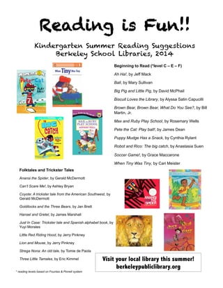 Reading is Fun!!
Kindergarten Summer Reading Suggestions
Berkeley School Libraries, 2014
	
  
Beginning to Read (*level C – E – F)
Ah Ha!, by Jeff Mack
Ball, by Mary Sullivan
Big Pig and Little Pig, by David McPhail
Biscuit Loves the Library, by Alyssa Satin Capucilli
Brown Bear, Brown Bear, What Do You See?, by Bill
Martin, Jr.
Max and Ruby Play School, by Rosemary Wells
Pete the Cat: Play ball!, by James Dean
Puppy Mudge Has a Snack, by Cynthia Rylant
Robot and Rico: The big catch, by Anastasia Suen
Soccer Game!, by Grace Maccarone
When Tiny Was Tiny, by Cari Meister
Visit your local library this summer!
berkeleypubliclibrary.org
Folktales and Trickster Tales
Anansi the Spider, by Gerald McDermott
Can’t Scare Me!, by Ashley Bryan
Coyote: A trickster tale from the American Southwest, by
Gerald McDermott
Goldilocks and the Three Bears, by Jan Brett
Hansel and Gretel, by James Marshall
Just In Case: Trickster tale and Spanish alphabet book, by
Yuyi Morales
Little Red Riding Hood, by Jerry Pinkney
Lion and Mouse, by Jerry Pinkney
Strega Nona: An old tale, by Tomie de Paola
Three Little Tamales, by Eric Kimmel
* reading levels based on Fountas & Pinnell system
 