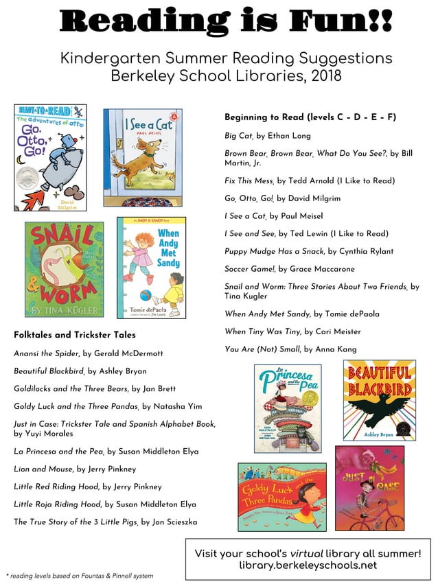 2018 Summer Reading for Kindergarten PDF
