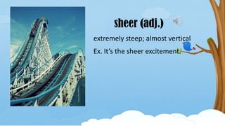 sheer (adj.)
extremely steep; almost vertical
Ex. It’s the sheer excitement.
 
