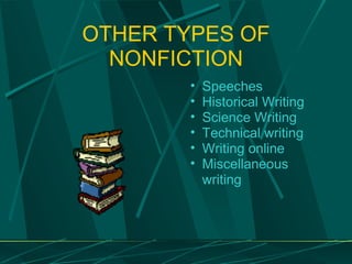 OTHER TYPES OF NONFICTION Speeches Historical Writing Science Writing Technical writing Writing online Miscellaneous writing 