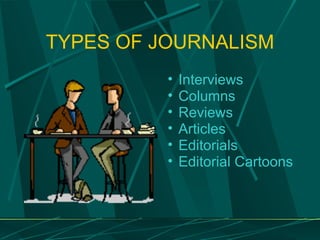TYPES OF JOURNALISM Interviews Columns Reviews Articles Editorials Editorial Cartoons 
