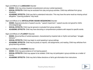 Signs and Effects of a LANGUAGE Disorder
•    SIGNS- Child may show impaired comprehension and pour verbal expression.
•    SOCIAL EFFECTS- Child may be excluded from play and group activities. Child may withdraw from group
     situations.
•    ACADEMIC EFFECTS- Child may fail to understand instruction. This may have the same result as missing school
     altogether. "Learning problems" may result.

Signs and Effects of an ARTICULATION/ SOUND SEQUENCING Disorder
•    SIGNS- Atypical production of speech sounds; " speech impairment "; speech sounds not typical for child's
     chronological age.
•    SOCIAL EFFECTS- Child may be ignored or excluded from group activities.
•    ACADEMIC EFFECTS- Child may have decoding or comprehension problems with respect to specific words.

Signs and Effects of a FLUENCY Disorder
•    SIGNS- Abnormal flow of verbal expression, characterized by impaired rate or rhythm and perhaps " struggle
     behavior ".
•    SOCIAL EFFECTS- Child may begin to avoid speaking in group settings.
•    ACADEMIC EFFECTS- Child may do poorly on reports, oral assignments, and reading. Child may withdraw from
     group learning activities.

Signs and Effects of a HEARING Disorder
•    SIGNS- Child may give evidence of not hearing speech.
•    SOCIAL EFFECTS- Child may appear to be isolated. Child may not participate in group activities as a matter of
     course.
•    ACADEMIC EFFECTS- Child may fail to follow directions or fail to get information from instructions.




                                              Reading Notes Module 3
 