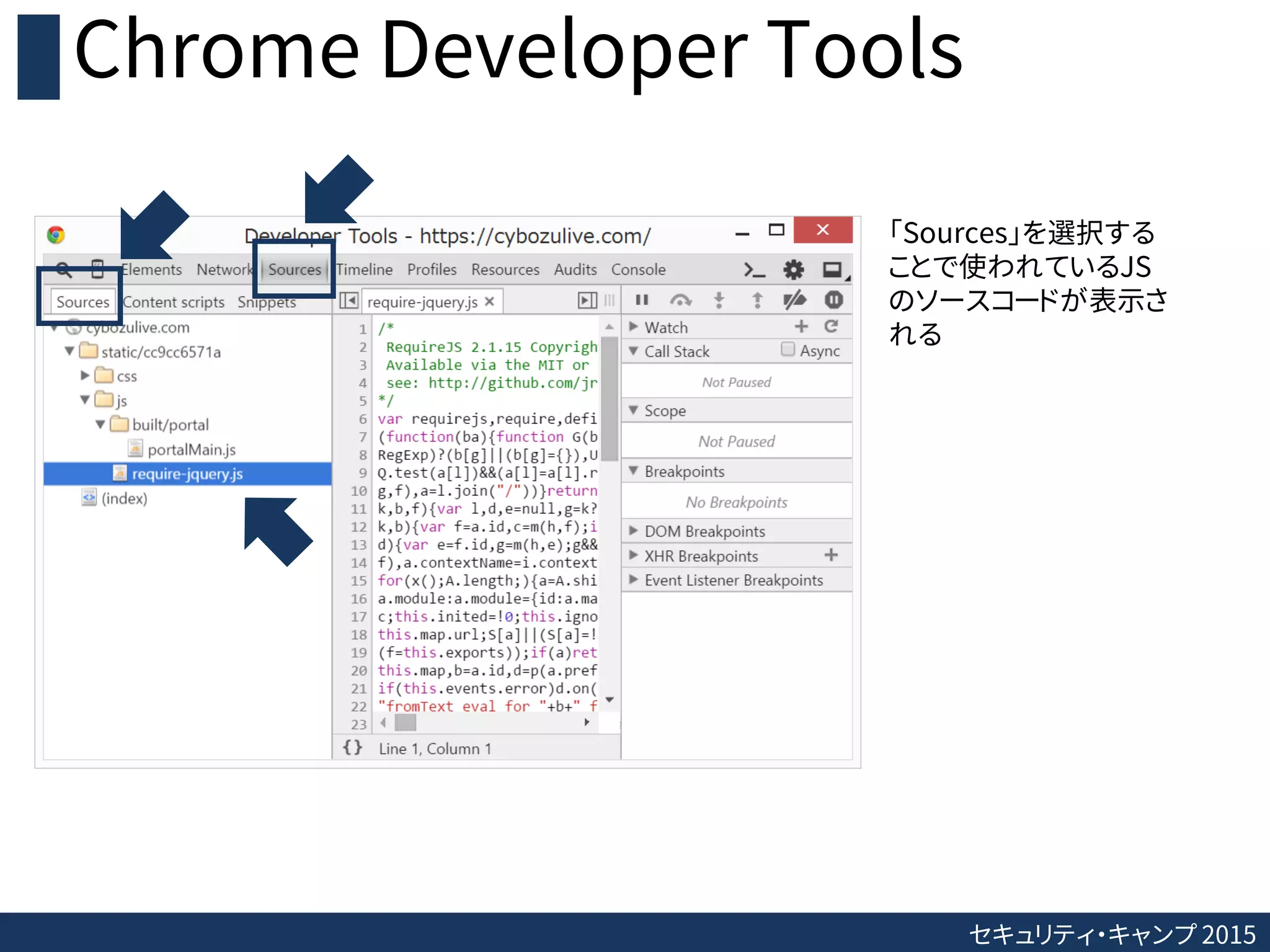 セキュリティ・キャンプ 2015
Chrome Developer Tools
「Sources」を選択する
ことで使われているJS
のソースコードが表示さ
れる
 