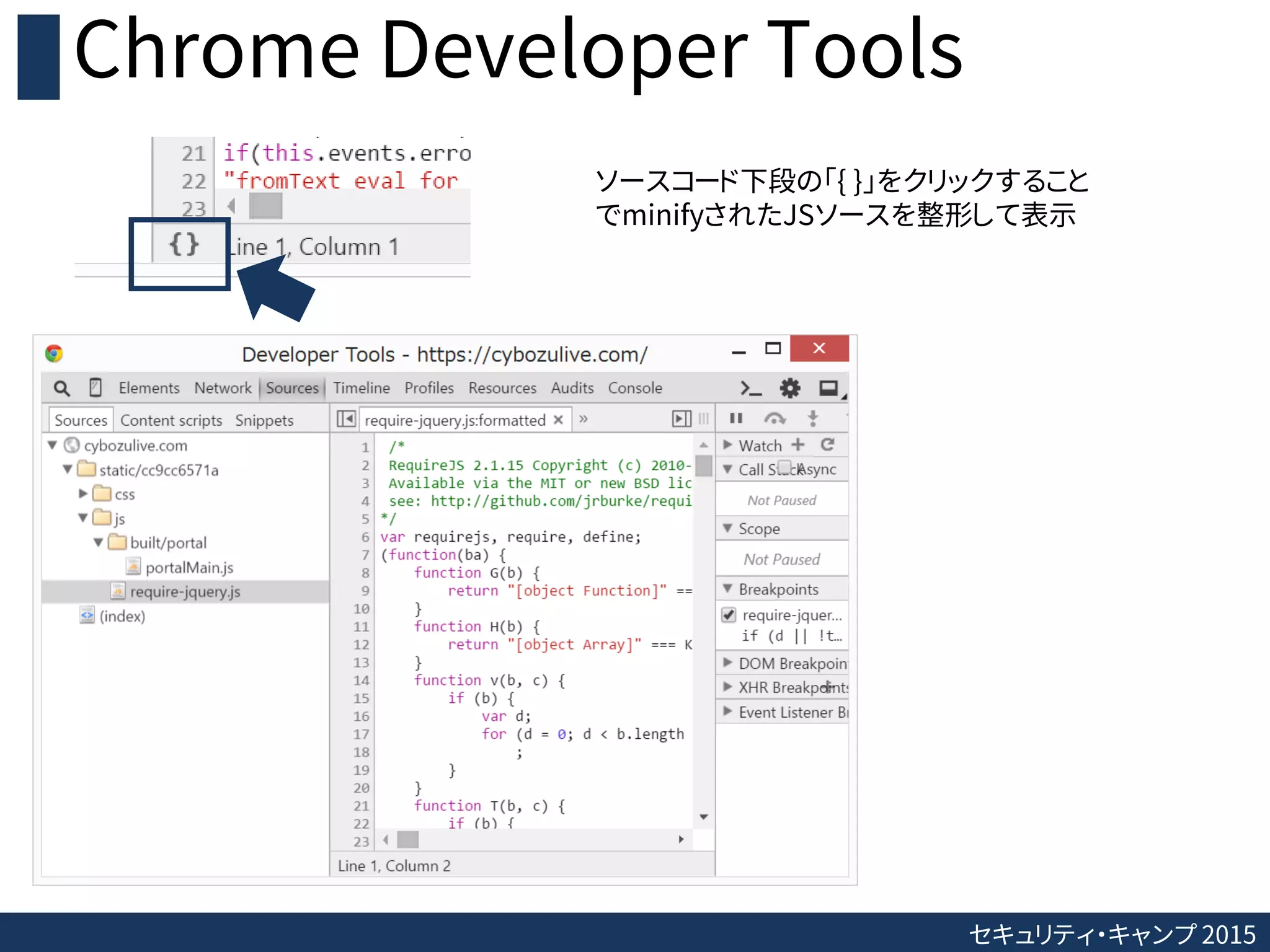 セキュリティ・キャンプ 2015
Chrome Developer Tools
ソースコード下段の「{ }」をクリックすること
でminifyされたJSソースを整形して表示
 