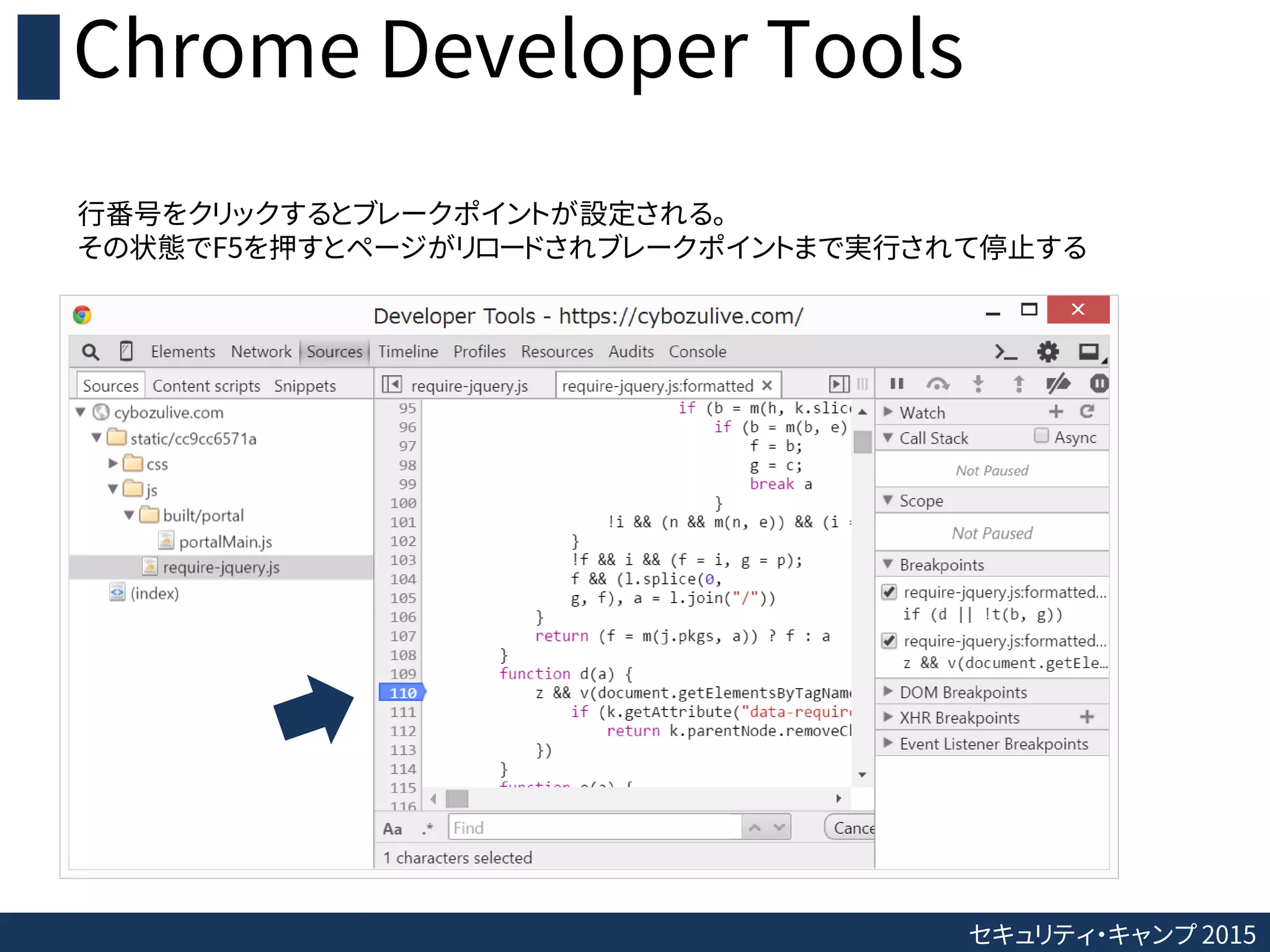 セキュリティ・キャンプ 2015
Chrome Developer Tools
行番号をクリックするとブレークポイントが設定される。
その状態でF5を押すとページがリロードされブレークポイントまで実行されて停止する
 