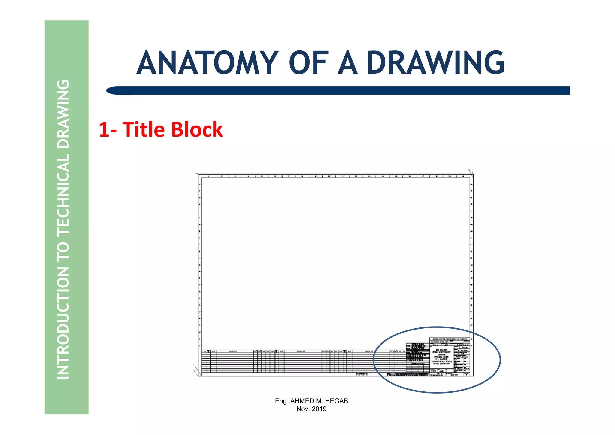 Eng. AHMED M. HEGAB
Nov. 2019
ANATOMY OF A DRAWINGINTRODUCTIONTOTECHNICALDRAWING
1‐ Title Block 
 