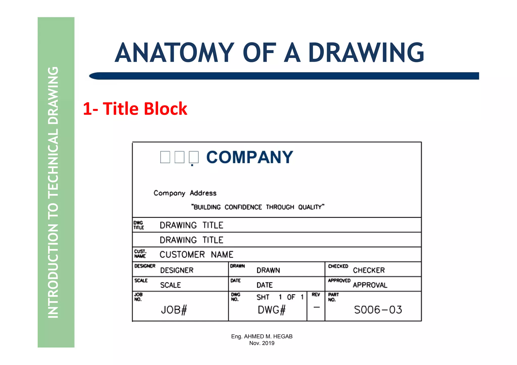 Eng. AHMED M. HEGAB
Nov. 2019
1‐ Title Block 
ANATOMY OF A DRAWINGINTRODUCTIONTOTECHNICALDRAWING
 