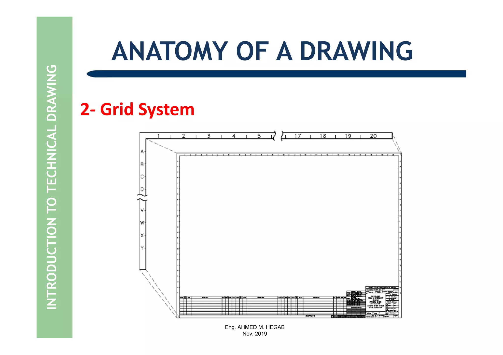Eng. AHMED M. HEGAB
Nov. 2019
2‐ Grid System
ANATOMY OF A DRAWINGINTRODUCTIONTOTECHNICALDRAWING
 