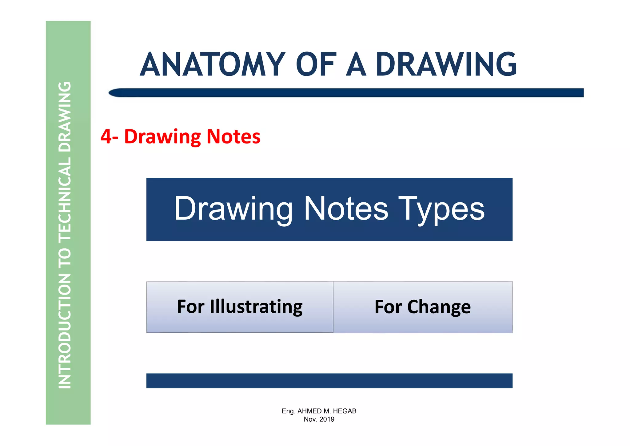 Eng. AHMED M. HEGAB
Nov. 2019
4‐ Drawing Notes
ANATOMY OF A DRAWING
Drawing Notes TypesDrawing Notes Types
For Illustrating For Change
INTRODUCTIONTOTECHNICALDRAWING
 