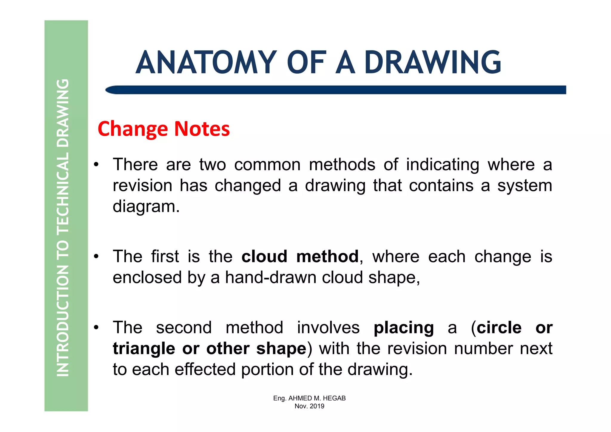 Eng. AHMED M. HEGAB
Nov. 2019
Change Notes
ANATOMY OF A DRAWING
• There are two common methods of indicating where a
revision has changed a drawing that contains a system
diagram.
• The first is the cloud method, where each change is
enclosed by a hand-drawn cloud shape,
• The second method involves placing a (circle or
triangle or other shape) with the revision number next
to each effected portion of the drawing.
INTRODUCTIONTOTECHNICALDRAWING
 