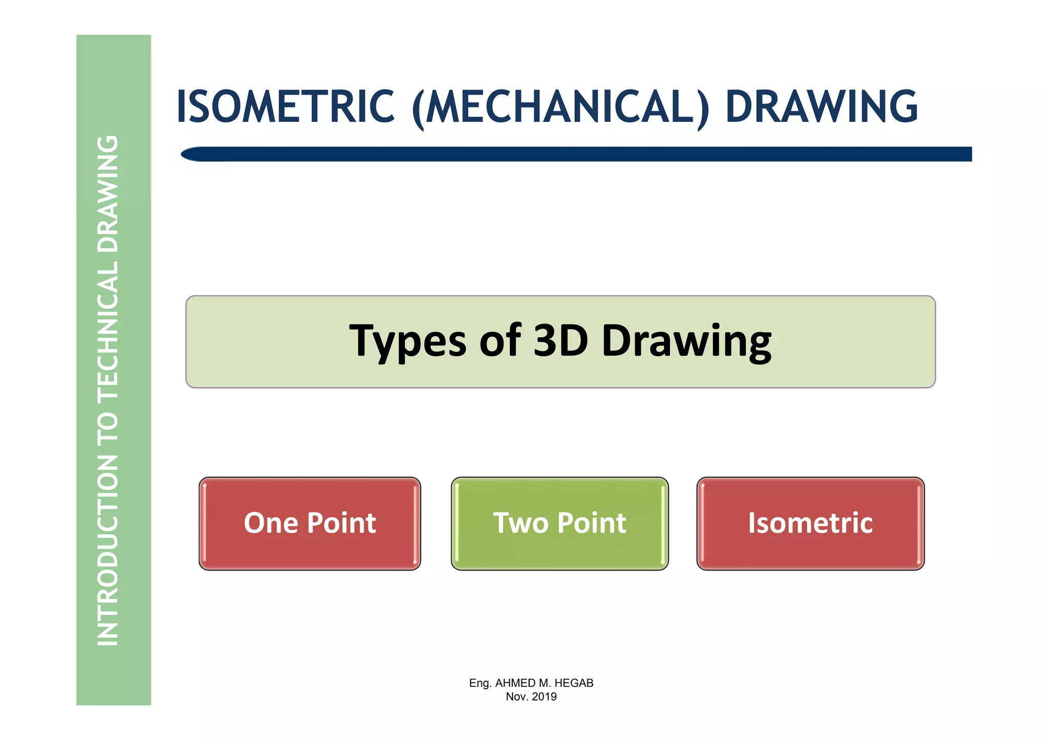 Eng. AHMED M. HEGAB
Nov. 2019
INTRODUCTIONTOTECHNICALDRAWING ISOMETRIC (MECHANICAL) DRAWING
Types of 3D Drawing
One Point Two Point Isometric
 
